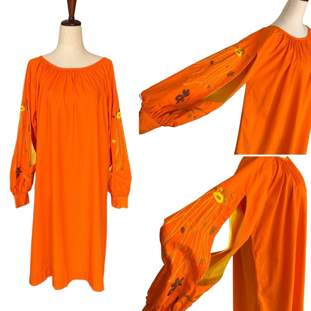 Vintage 60s Mexican Orange Dress Cutout Embroidered Floral Sleeves Hand Made L